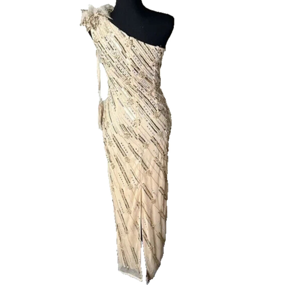 NWT Mac Duggal Dress Embellished‎ One Shoulder Column Gown Gold 93739 - Picture 4 of 7